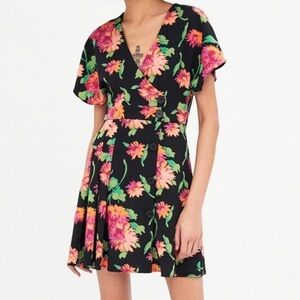 Zara Floral Pleated Button Side Mini Dress XS